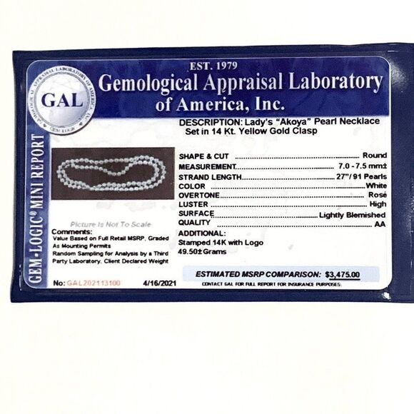 Akoya Pearl Necklace 14k Gold 27" 7.5 mm Certified $3,475 113100 - Picture 6 of 6